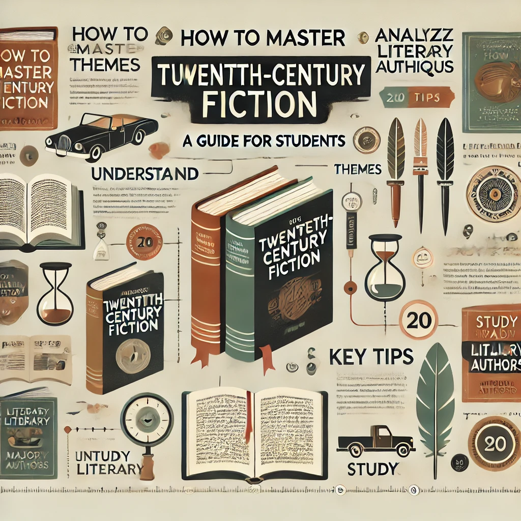 How to Master Twentieth-Century Fiction_ A Guide for Students.' The design includes open books, classi