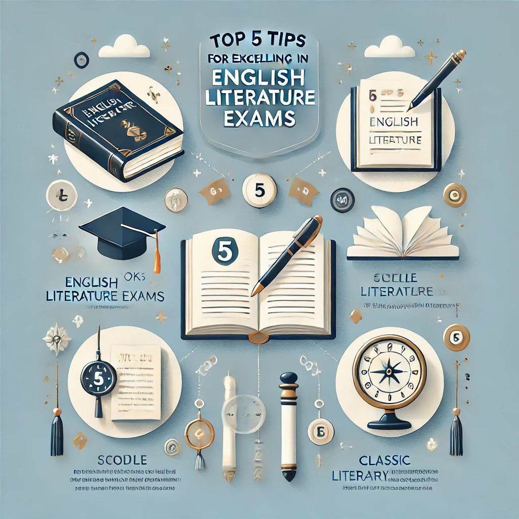 Top 5 Tips for Excelling in English Literature Exams.' The design includes a book, p